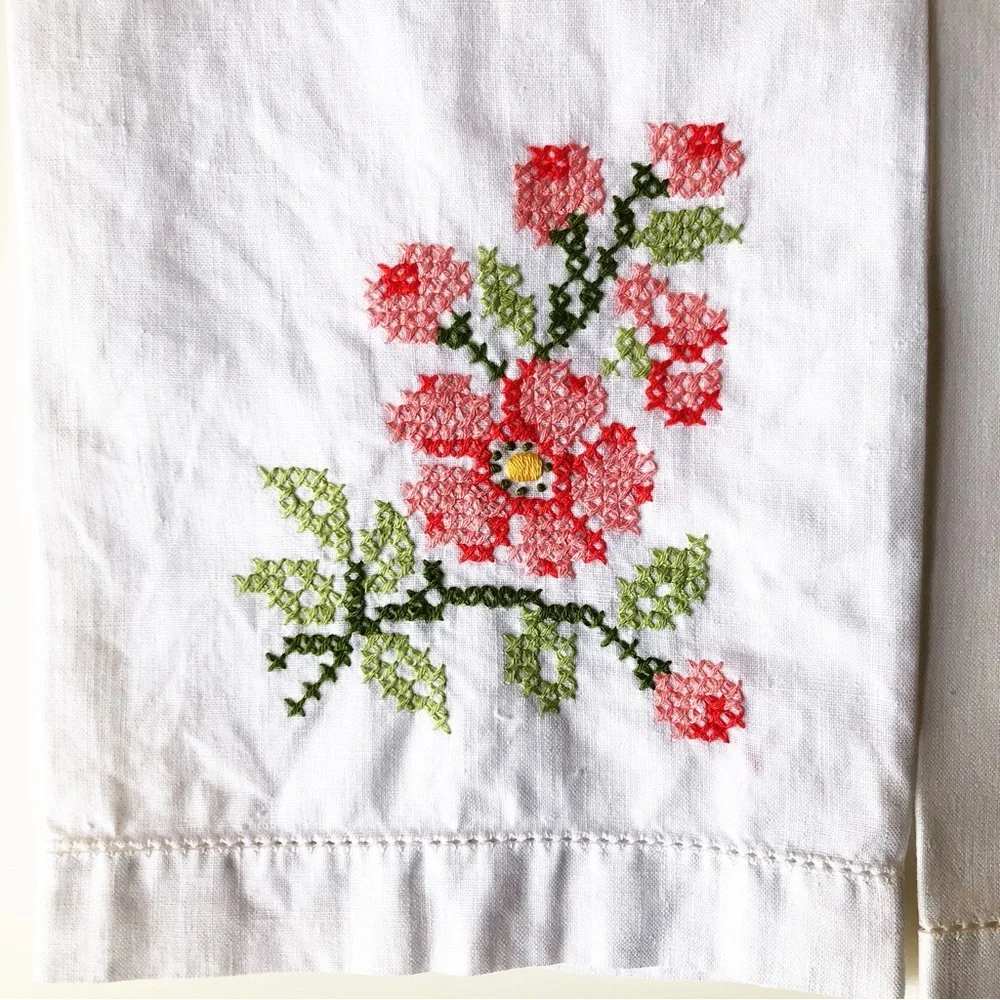 Vintage White Hand Towels with Pink Floral Design
